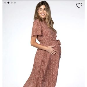 Rust Leaf Print Pleated Maternity Midi Dress pinkblush